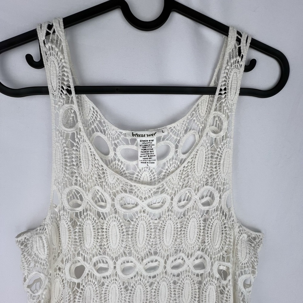 White Crochet Lace Fringe Boho Festival Tank Top 100% Cotton Large Coastal Boho - Picture 3 of 8
